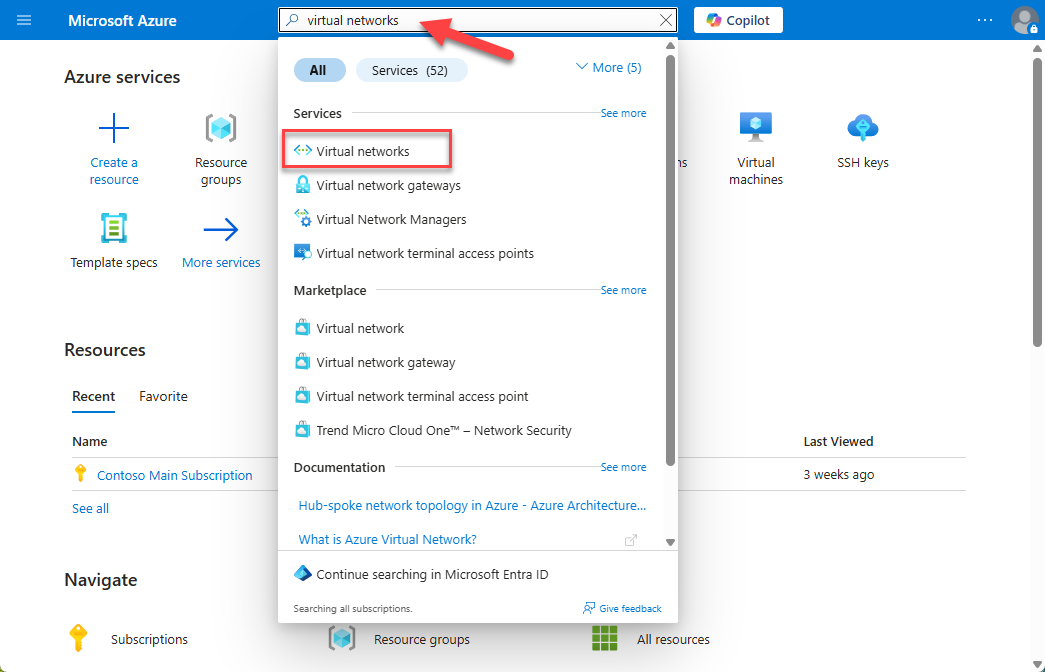 Screenshot of the Azure home page with virtual networks in the search bar.