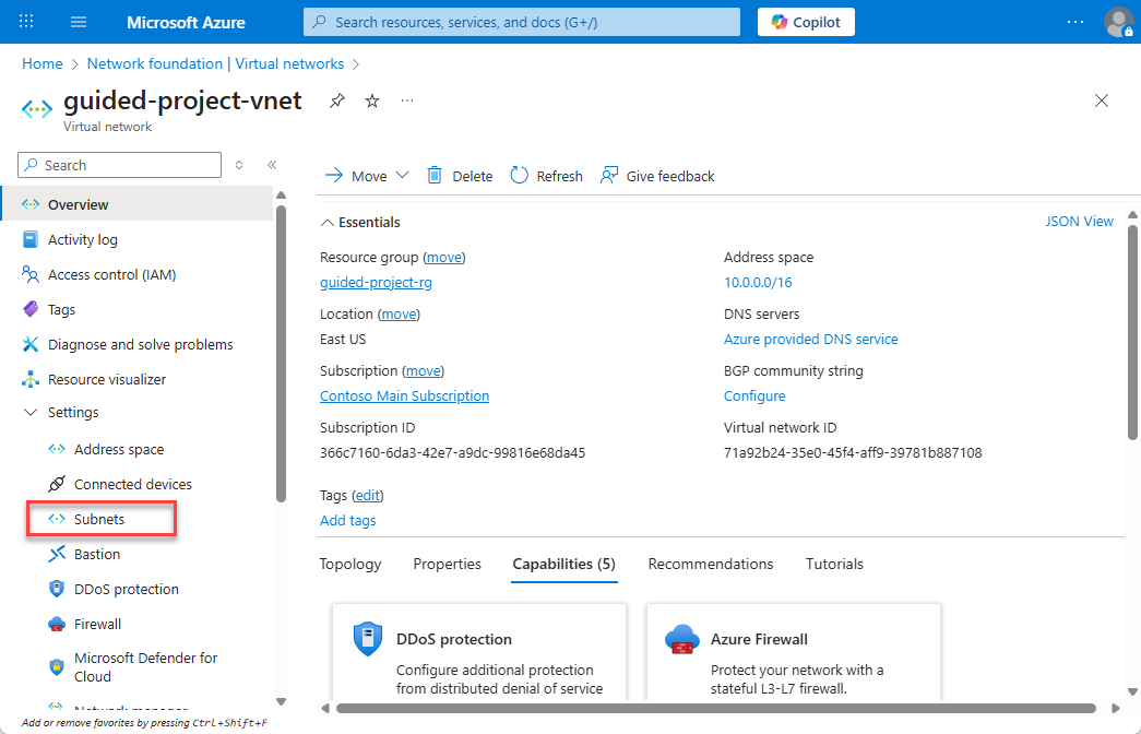 Screenshot of the guided-project-vnet blade with the Subnets menu item highlighted.