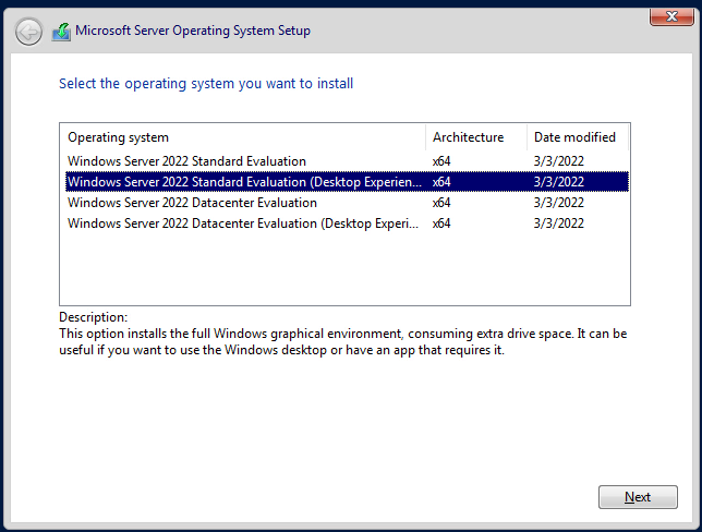 Screenshot of the Microsoft Server Operating System Setup screen with Windows Server 2022 Standard Evaluation selected.