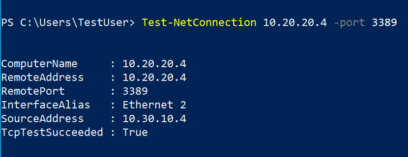 PowerShell-Fenster mit erfolgreicher Ausführung von „Test-NetConnection“