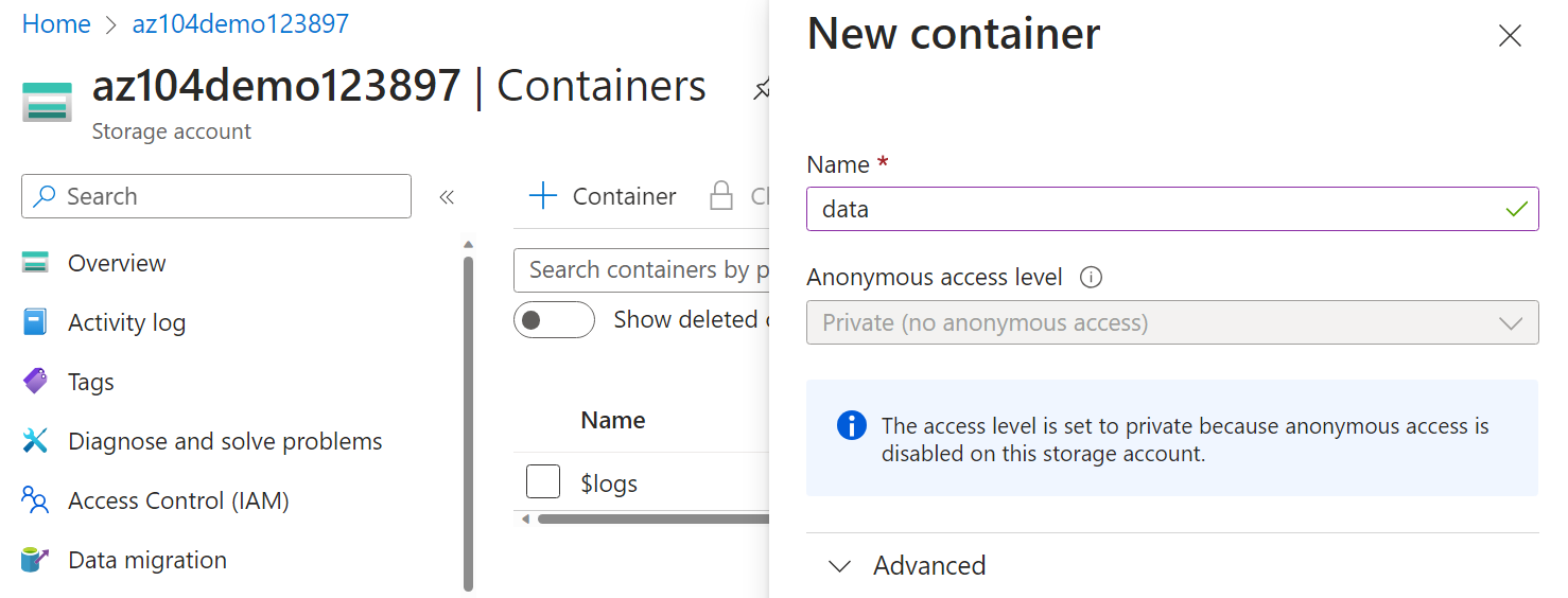 Screenshot des Erstellens eines Containers.