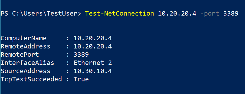 Ventana de PowerShell con Test-NetConnection correcta.