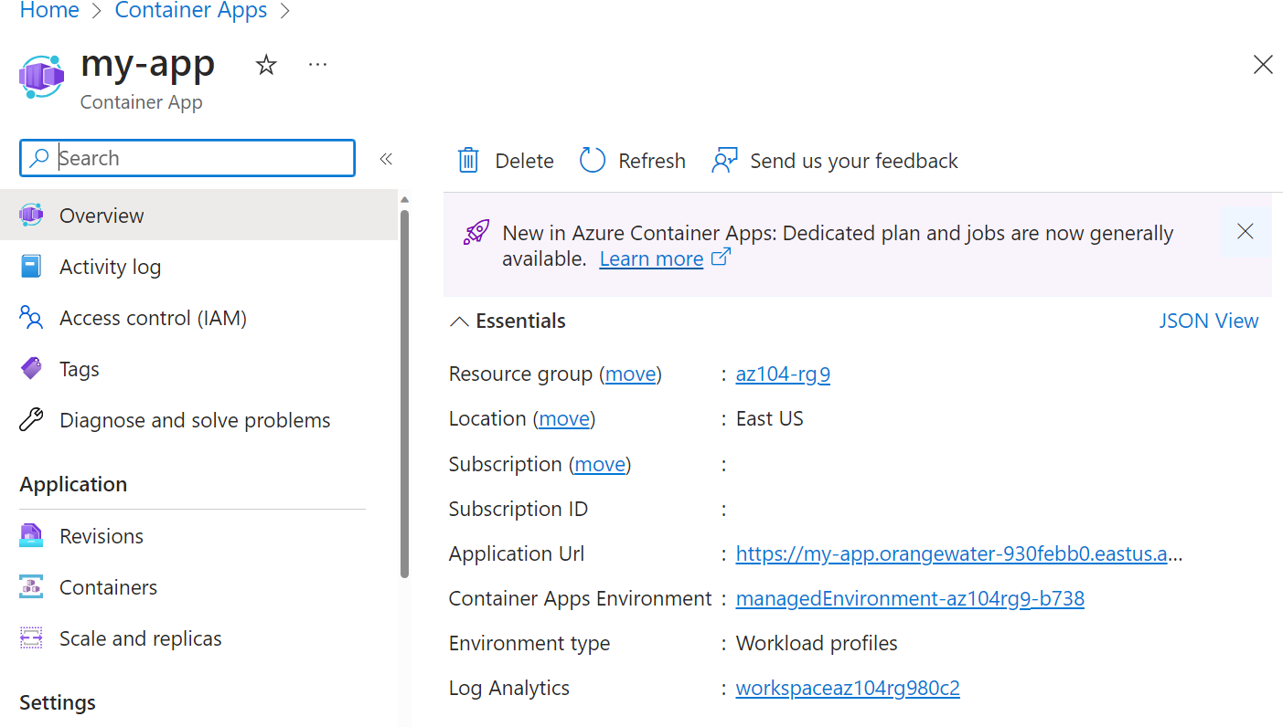 Screenshot della pagina di panoramica di App contenitore di Azure nel portale.