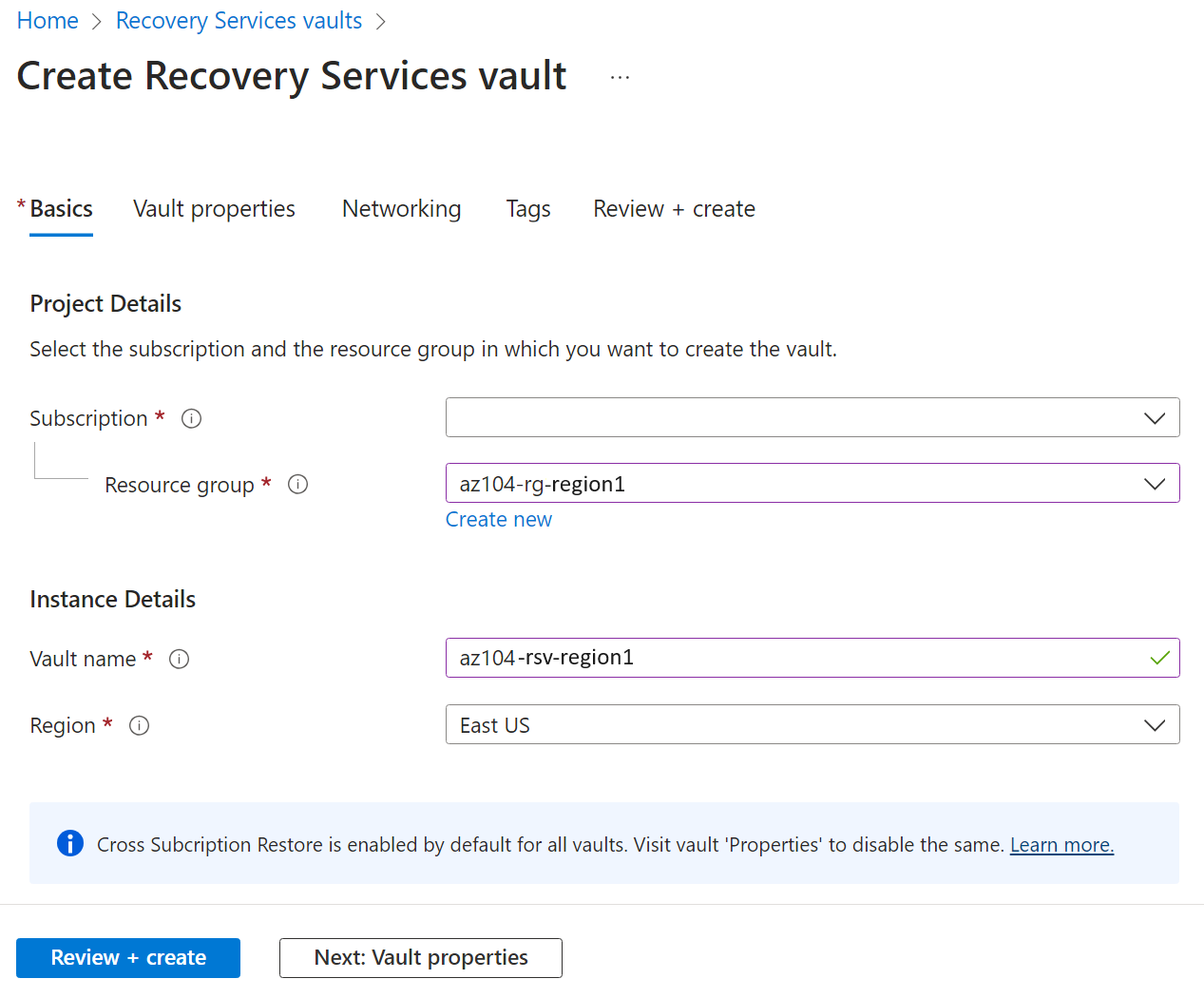 Recovery Services 자격 증명 모음의 스크린샷입니다.
