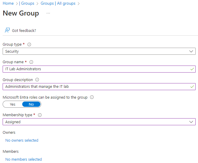 Screenshot of create assigned group.