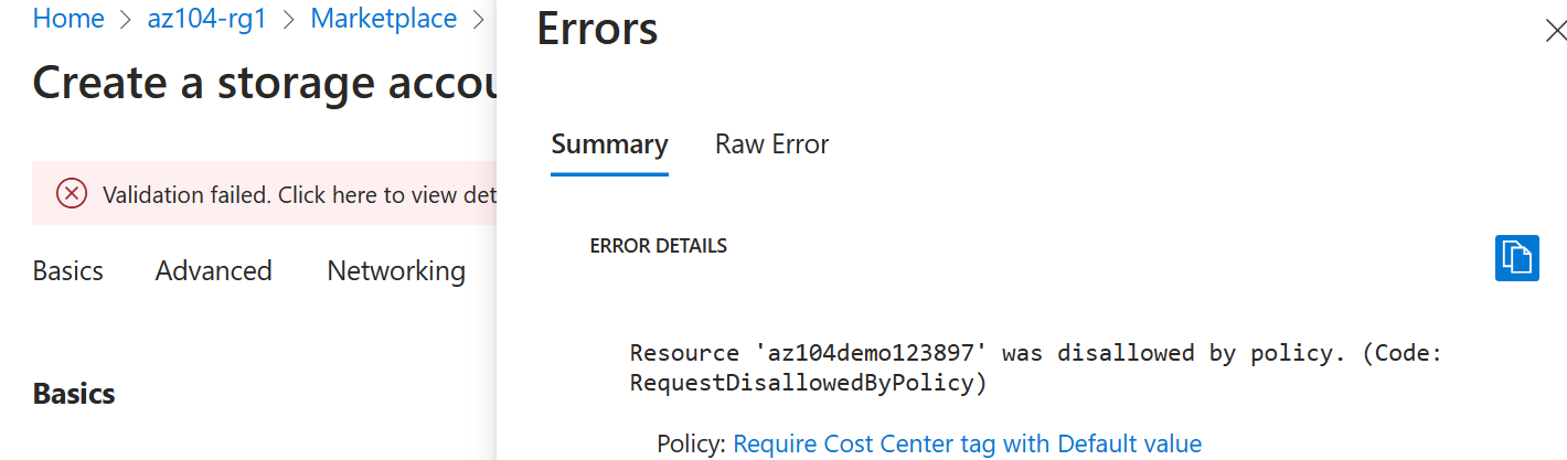 Screenshot of the disallowed policy error.
