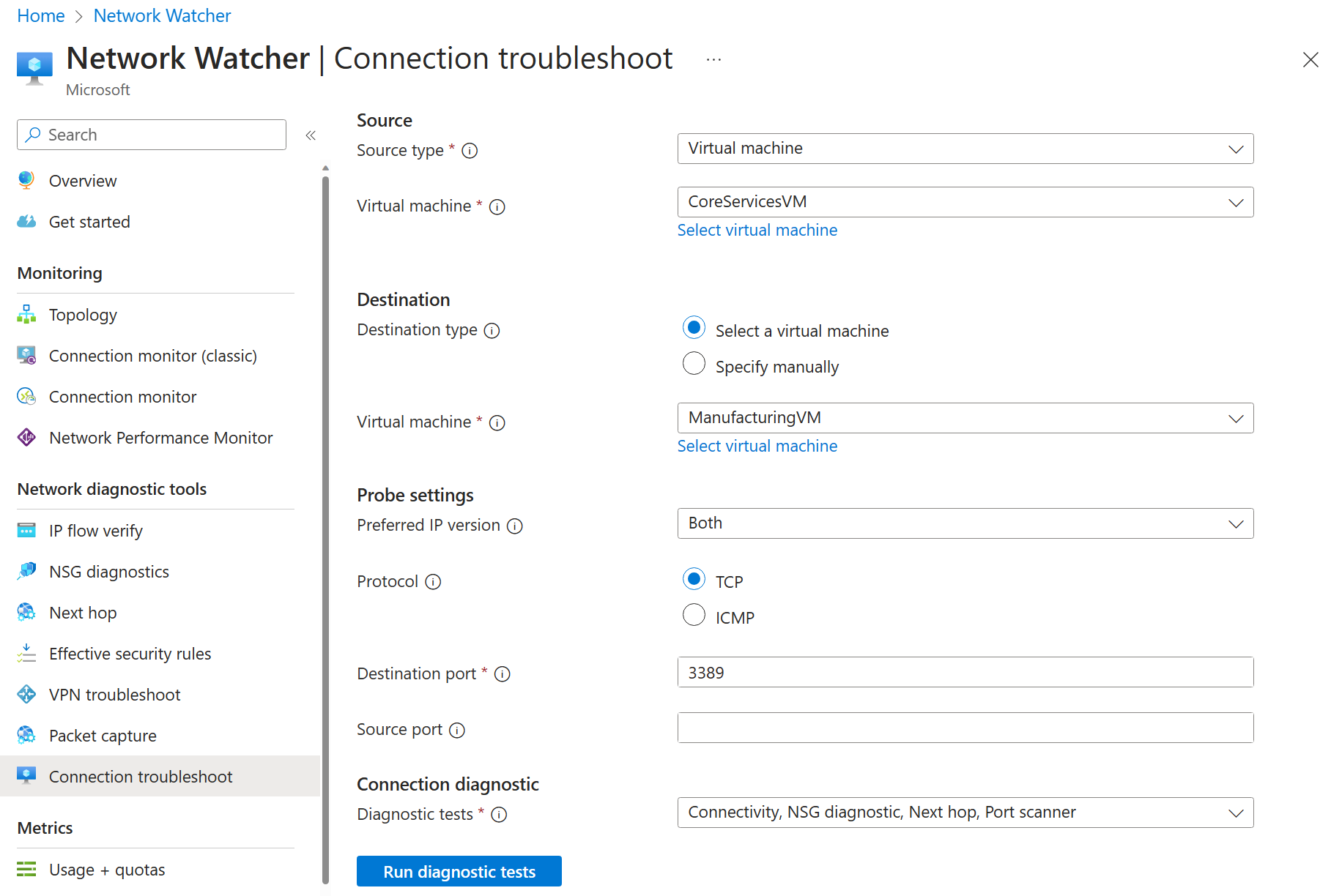 Azure Portal showing Connection Troubleshoot settings.