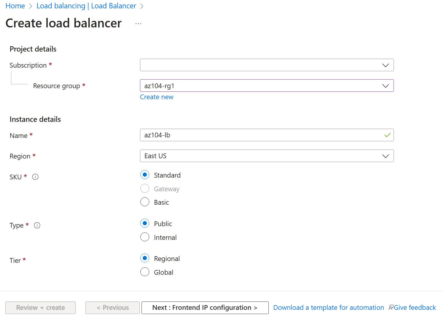 Screenshot of the create load balancer page.
