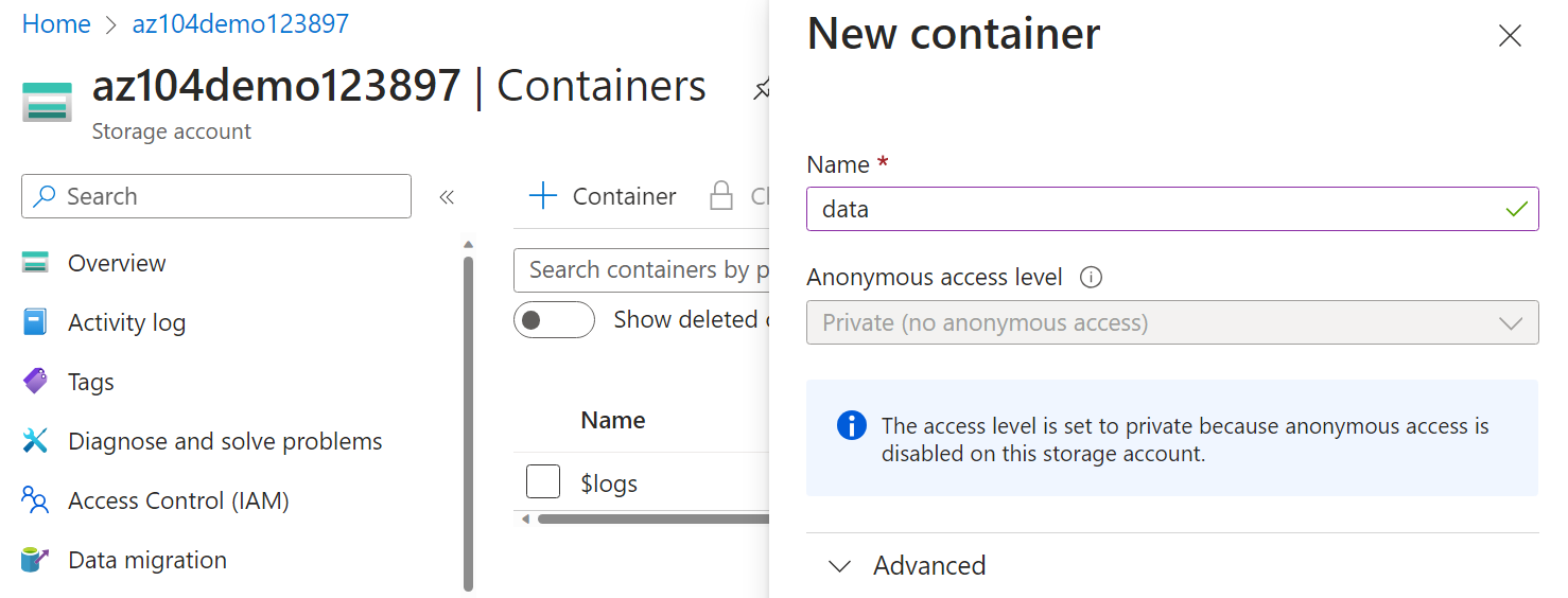 Screenshot of create a container.