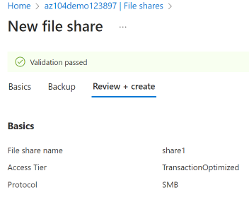 Screenshot of the create file share page.