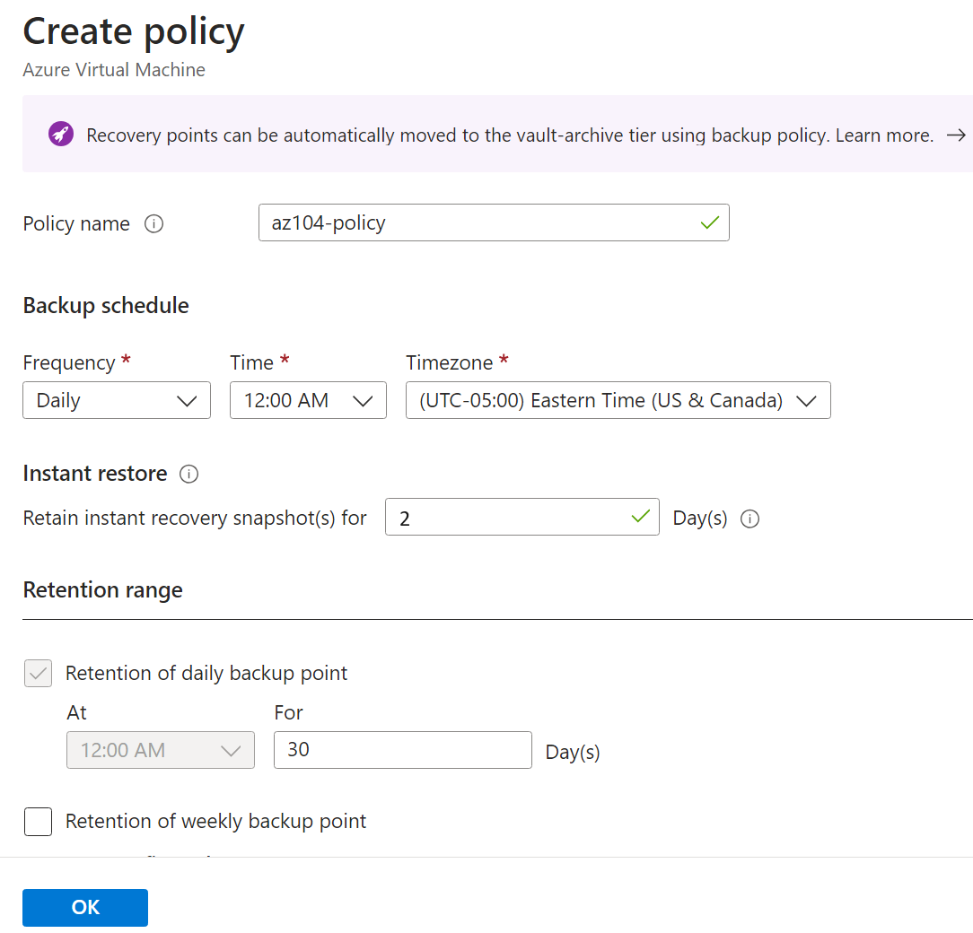 Screenshot of the backup policy page.