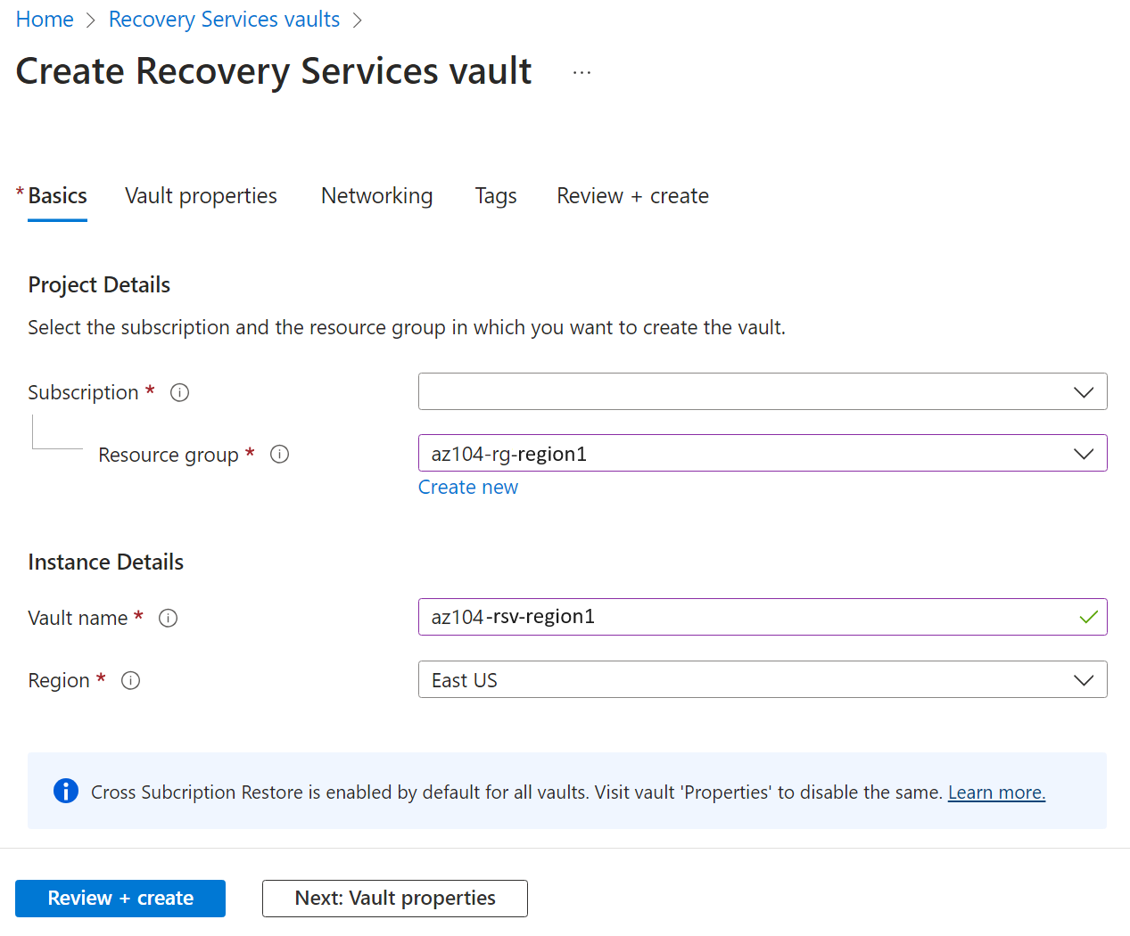 Screenshot of the recovery services vault.