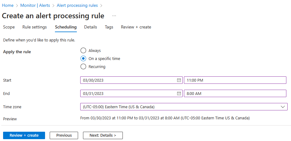 Screenshot of the scheduling section of an alert processing rule