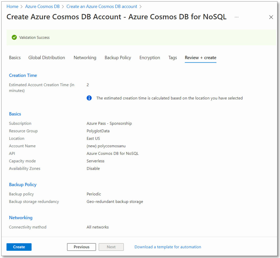 Screenshot: Konfigurierte Optionen zum Erstellen eines Azure Cosmos DB-Kontos