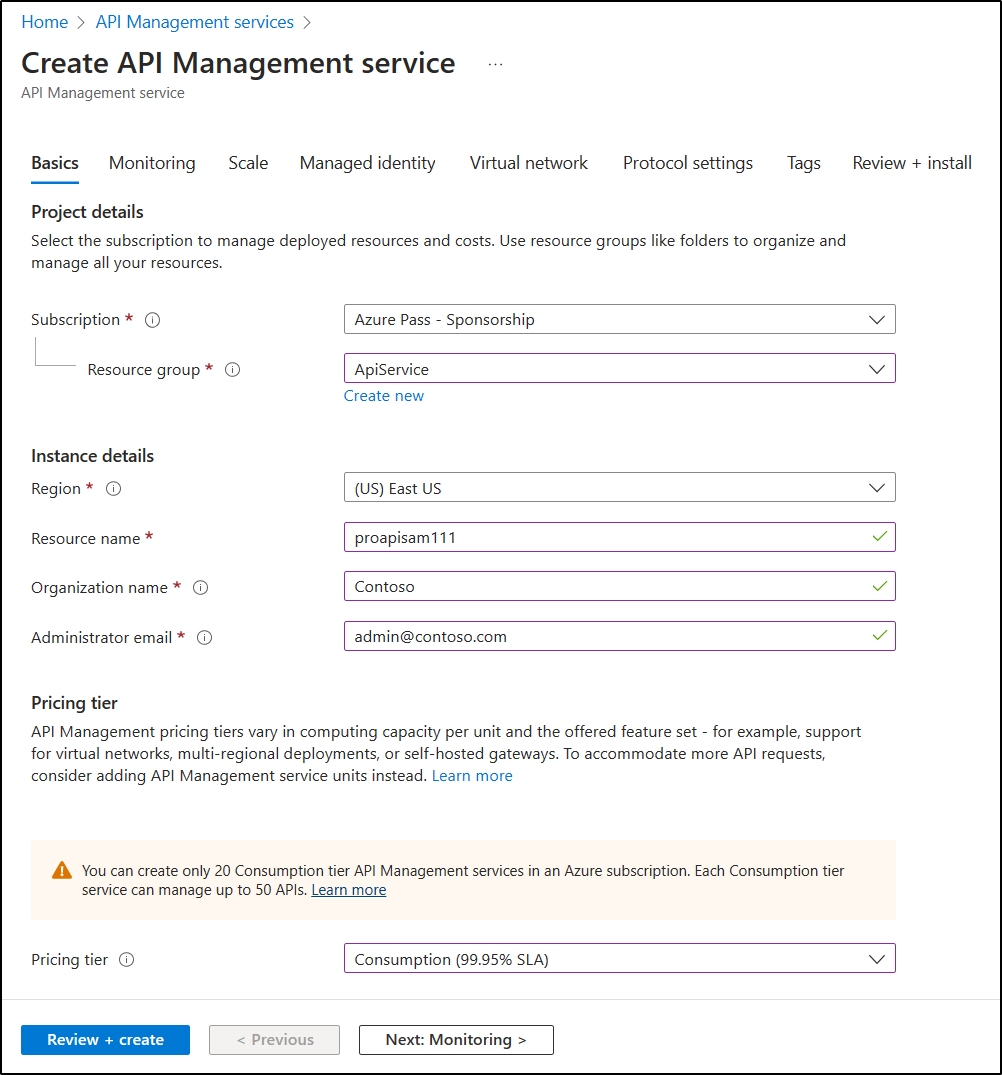 Blatt „API Management erstellen“