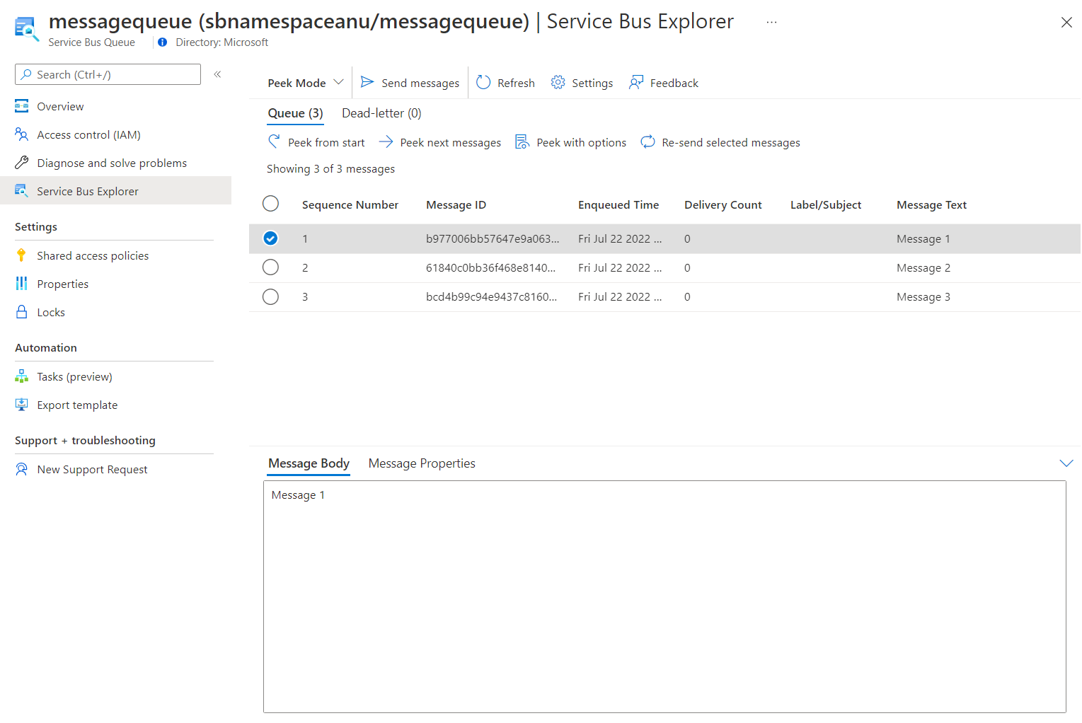 Inhalt der Service Bus-Warteschlange im Service Bus Explorer