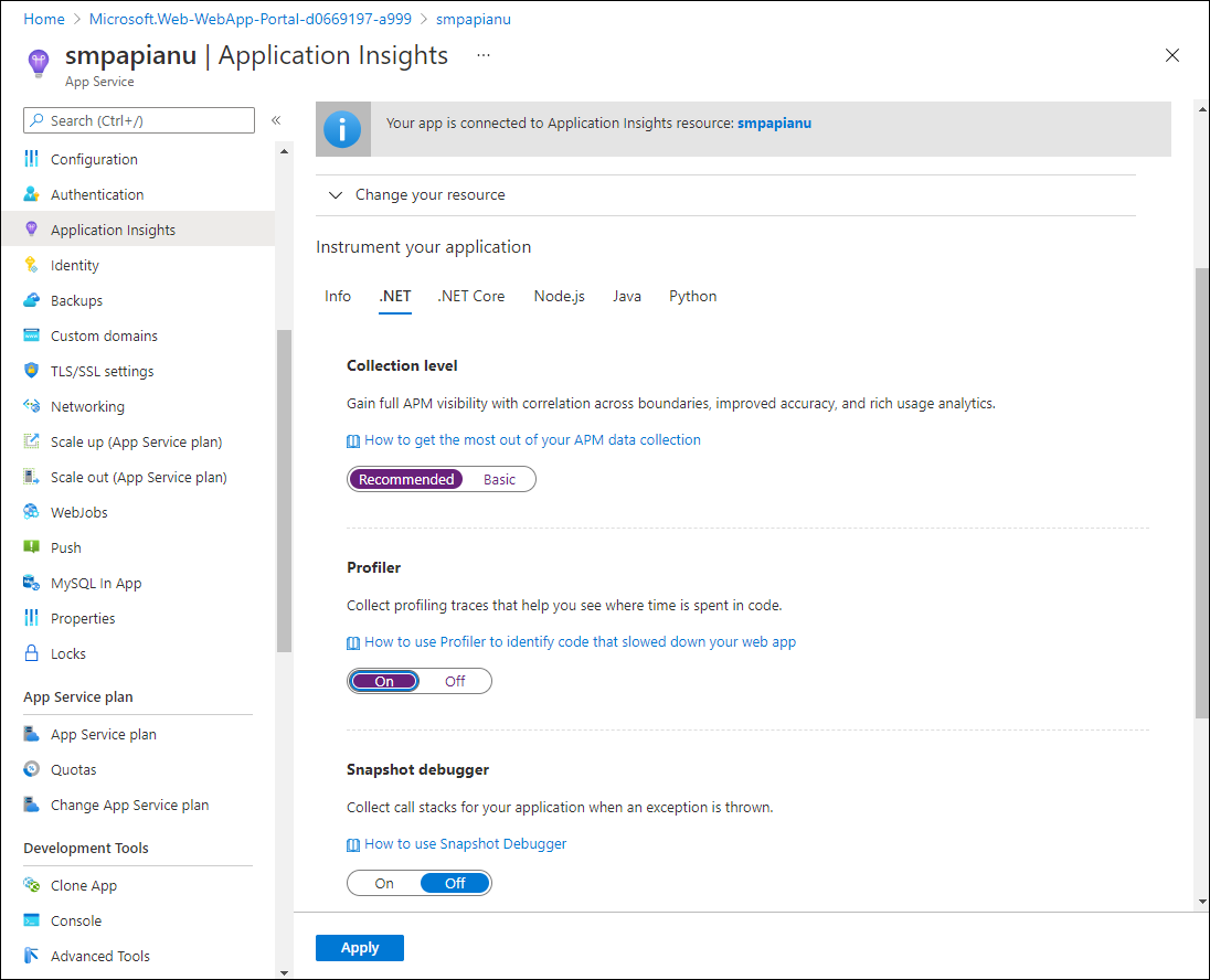 Application Insights-Einstellungen der Azure-Web-API