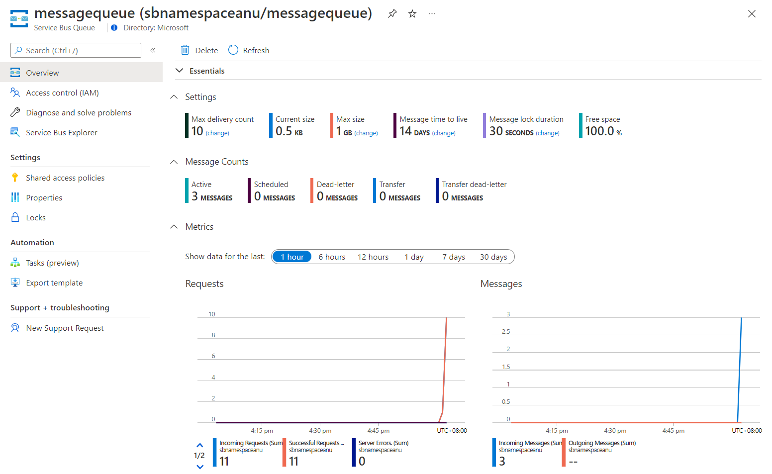 Métricas de cola y recuento de mensajes de Service Bus en Azure Portal