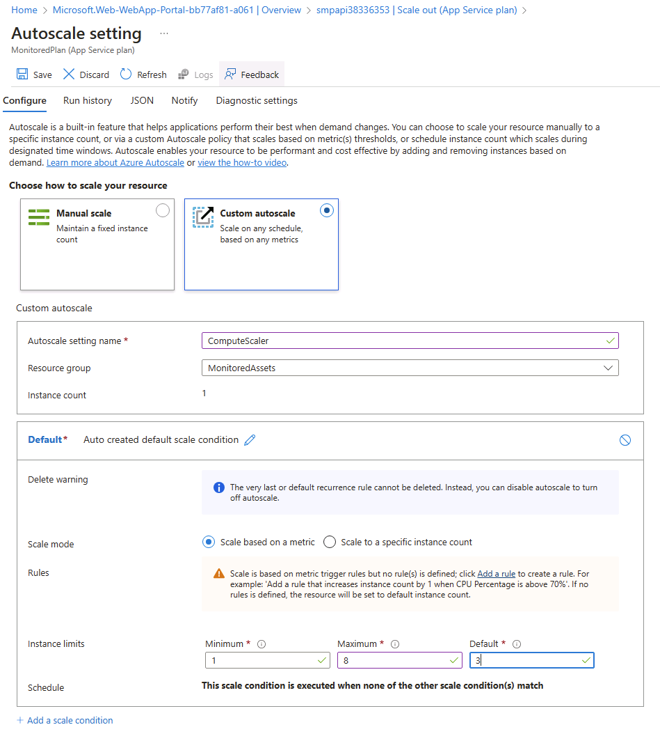 Condición de escalado predeterminada en la hoja de la API web de Azure