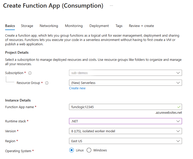 Capture d’écran montrant les paramètres configurés dans le volet Créer une application de fonction