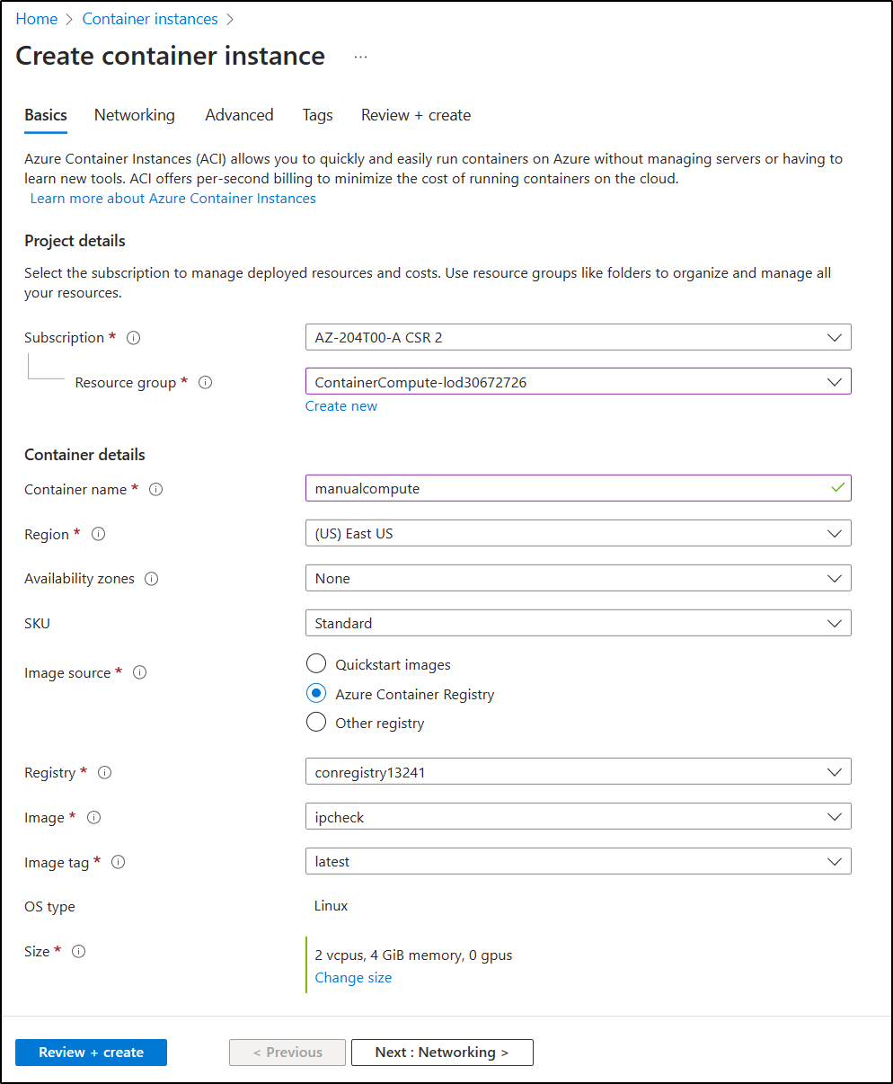Volet Créer une instance de conteneur