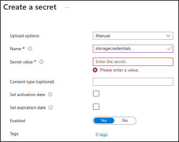 Capture d’écran montrant les paramètres configurés dans le volet Créer un secret 