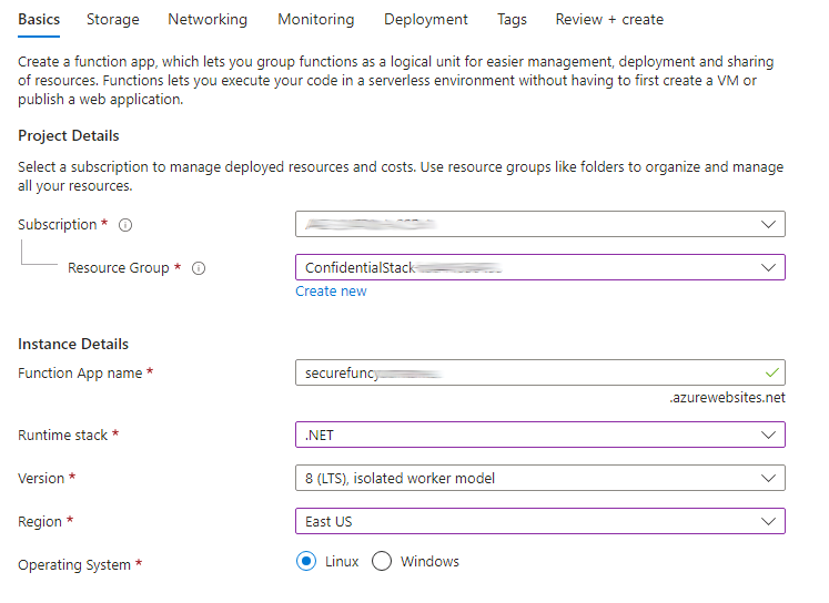 Capture d’écran montrant les paramètres configurés dans le volet Créer une application de fonction