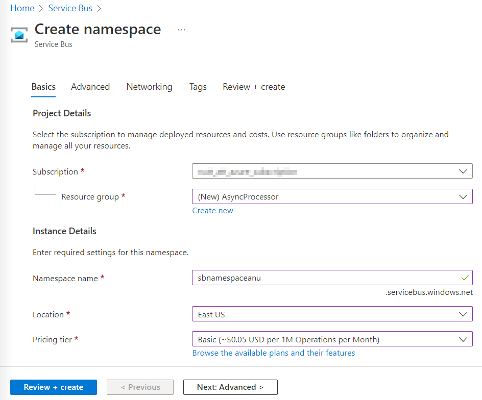Volet Créer un espace de noms Azure Service Bus