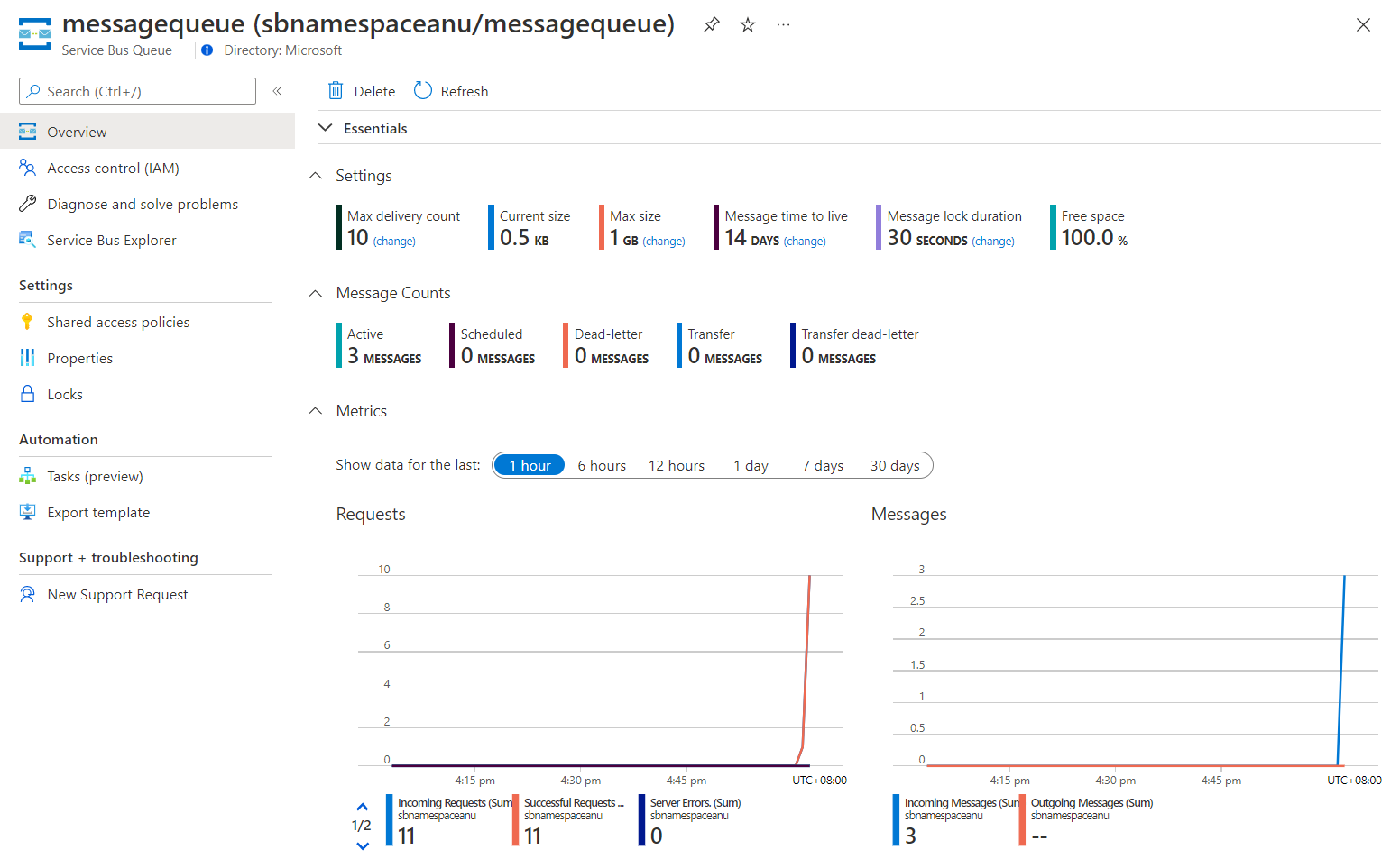 Métriques et nombre de messages de la file d’attente Service Bus dans le portail Azure