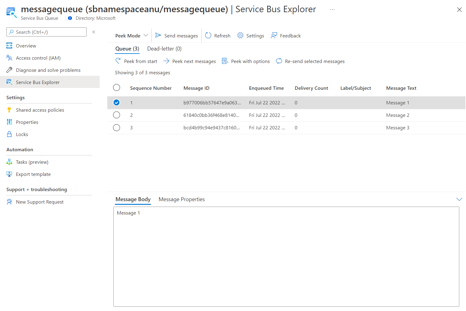 Contenu de la file d’attente Service Bus dans Service Bus Explorer