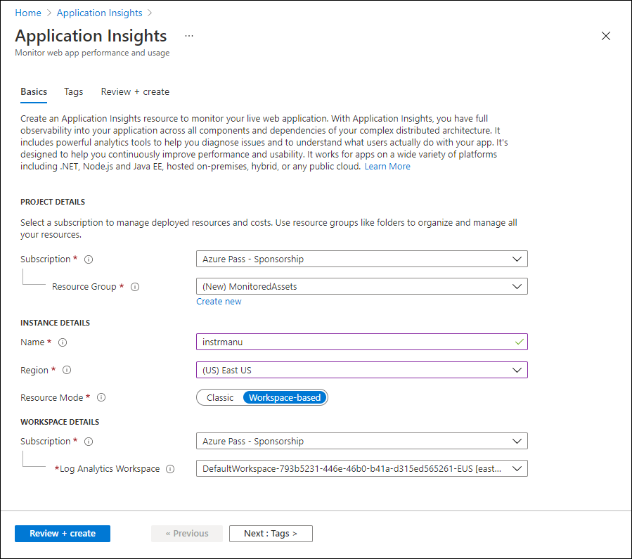 Volet Créer une instance Azure Application Insights