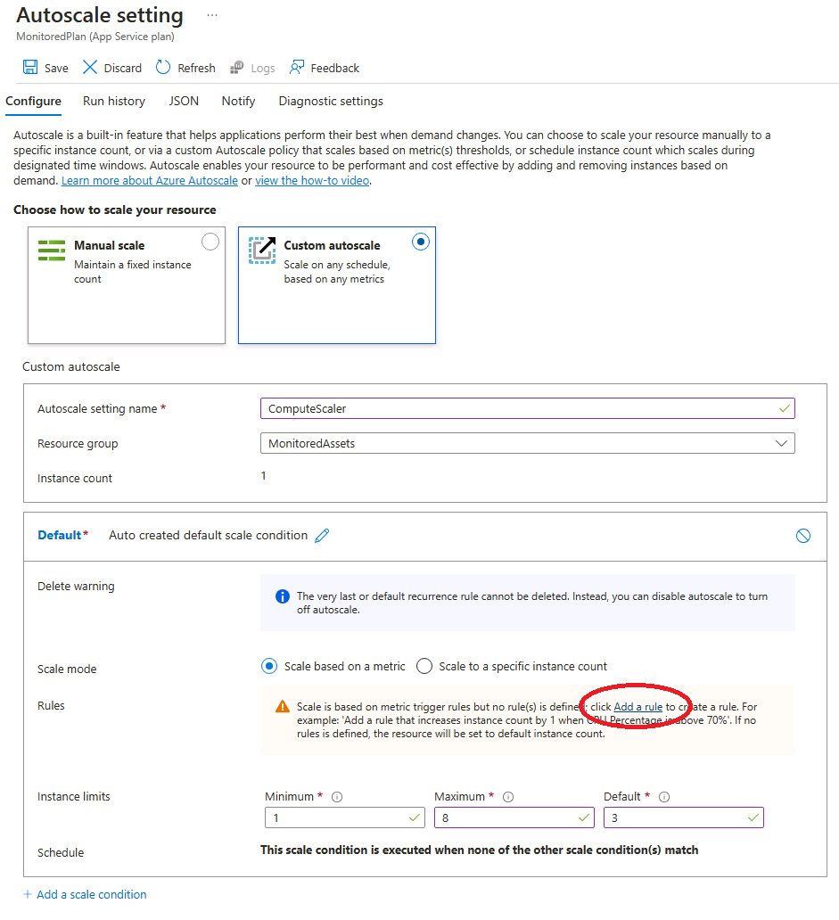 Condition de mise à l’échelle par défaut dans le volet API web Azure