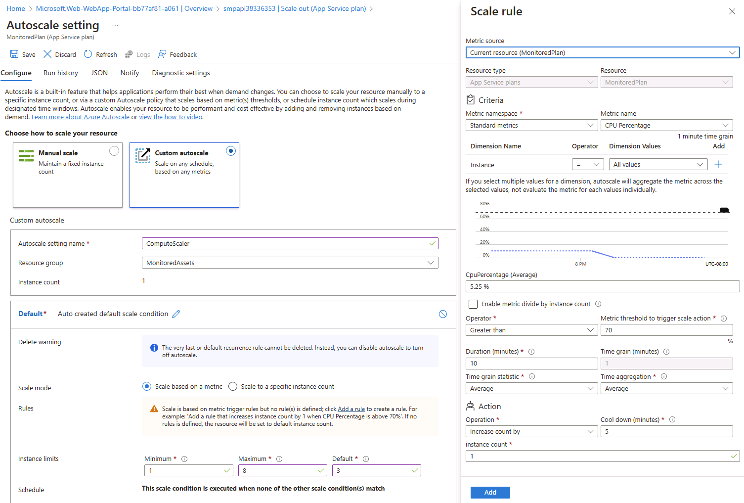 Volet Règle de mise à l’échelle de la condition de mise à l’échelle par défaut dans le volet API web Azure