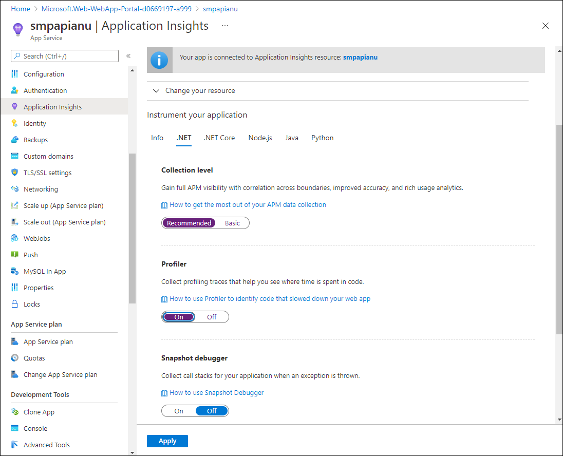 Paramètres Application Insights de l’API web Azure