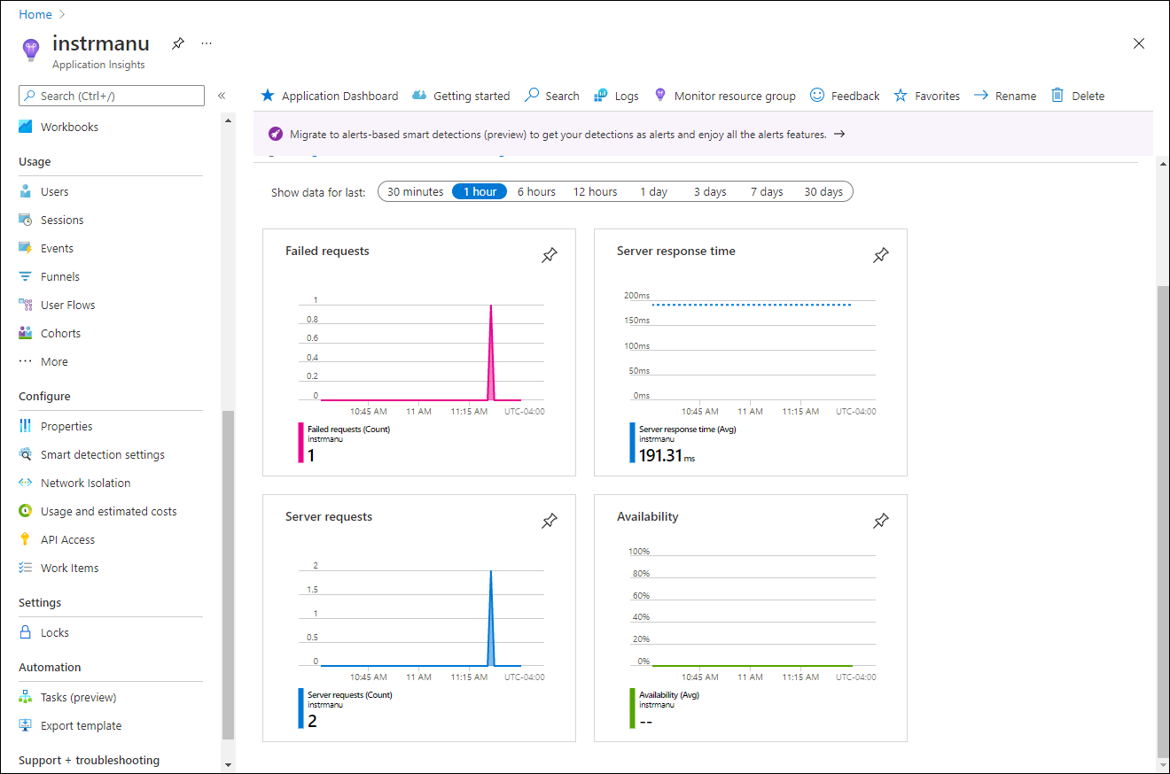 Métriques Application Insights de l’application web locale dans le portail Azure