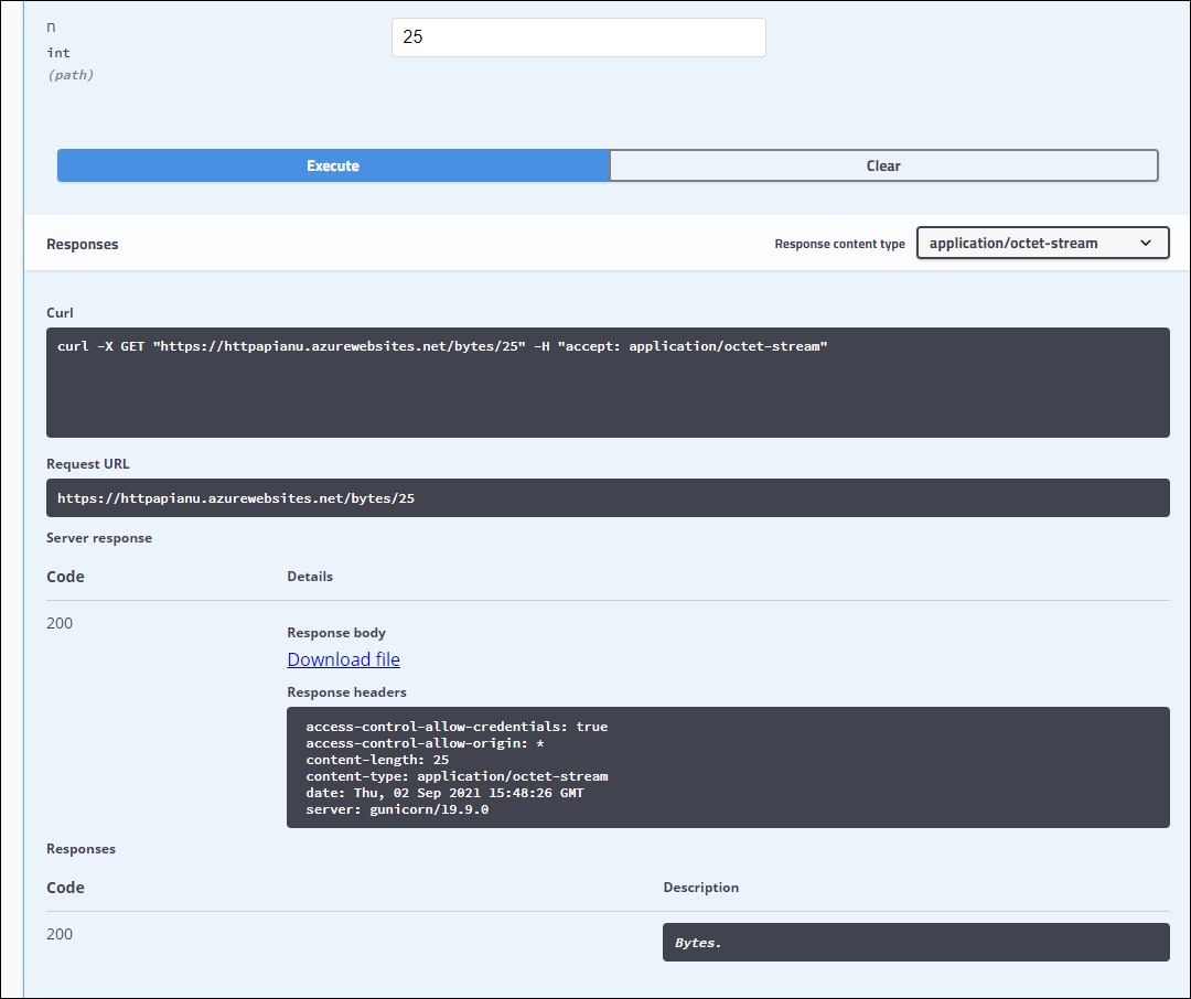 httpbin.org API ページの [GET /bytes/{n}] の [動的データ] セクション