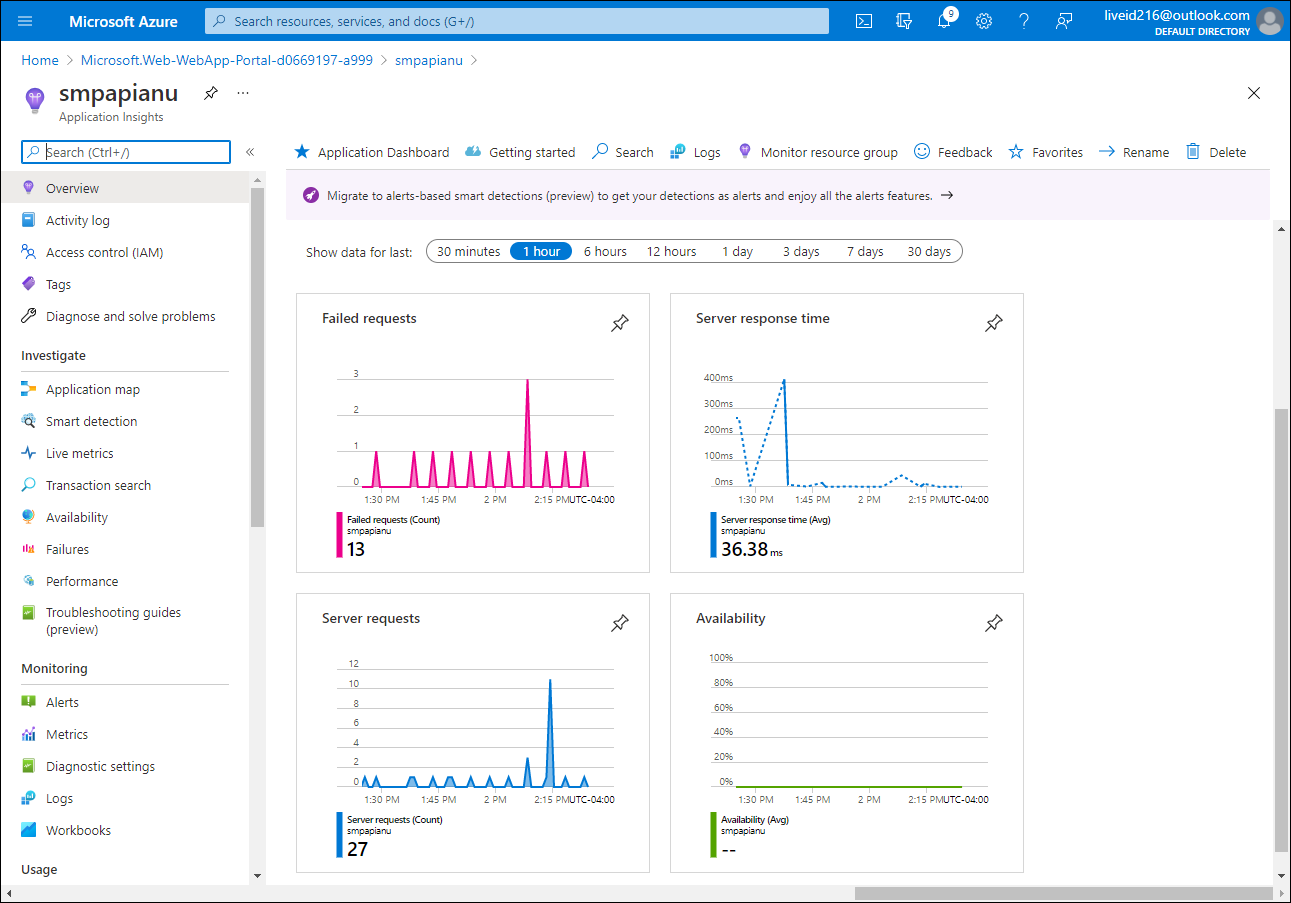 Azure portal での Azure Web アプリの Application Insights メトリック