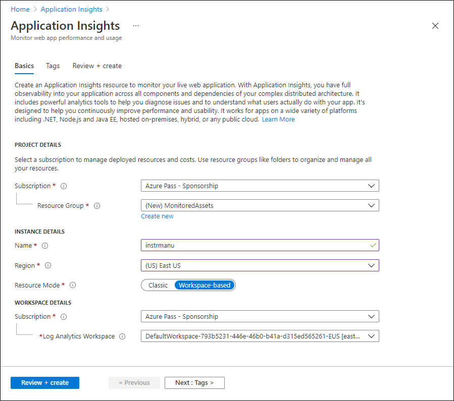 Azure Application Insights インスタンス ブレードを作成する