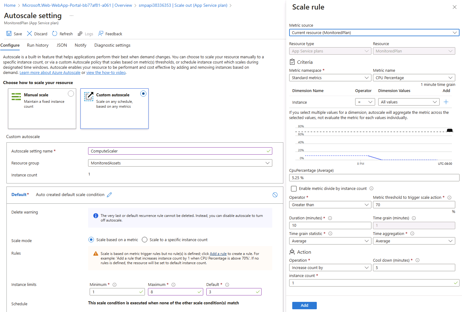 Azure Web API ブレード上の既定のスケール条件の [スケール ルール] ブレード