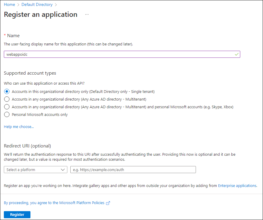 Captura de tela exibindo as opções configuradas para registrar um aplicativo.