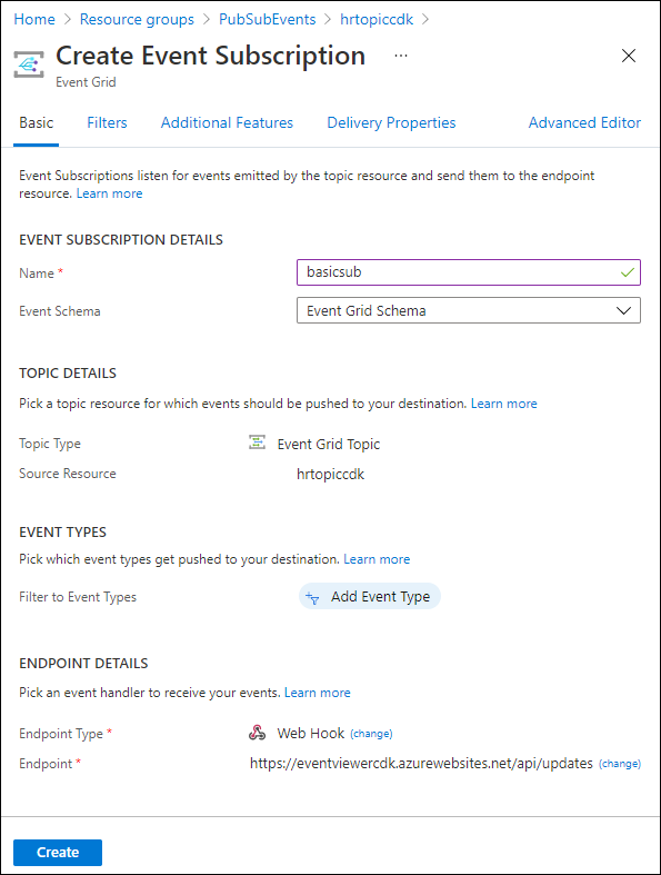 Captura de tela exibindo as configurações definidas na folha Criar assinatura de evento