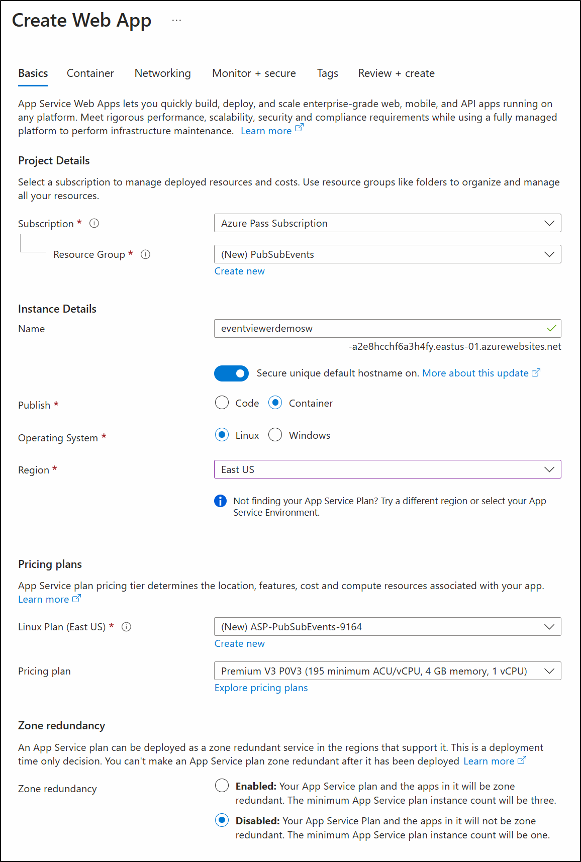 Captura de tela exibindo as configurações definidas na folha Criar aplicativo Web