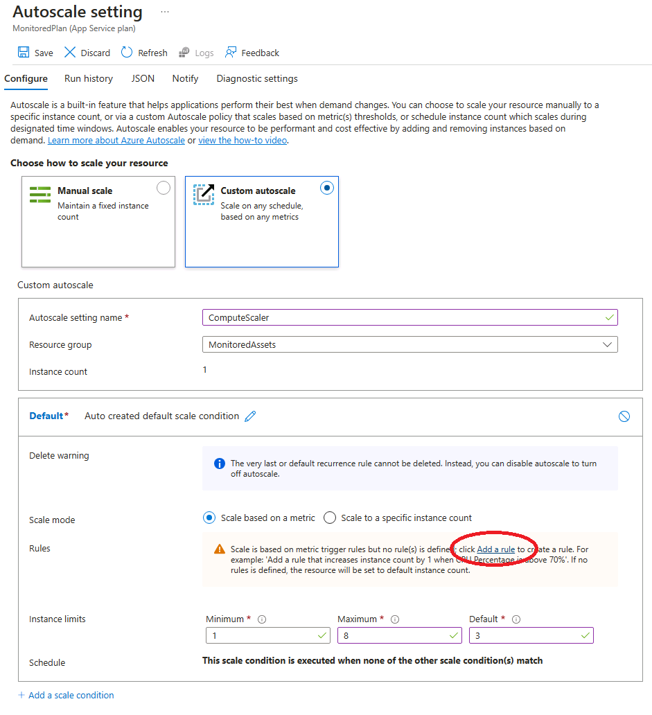 Condição de escala padrão na folha API Web do Azure