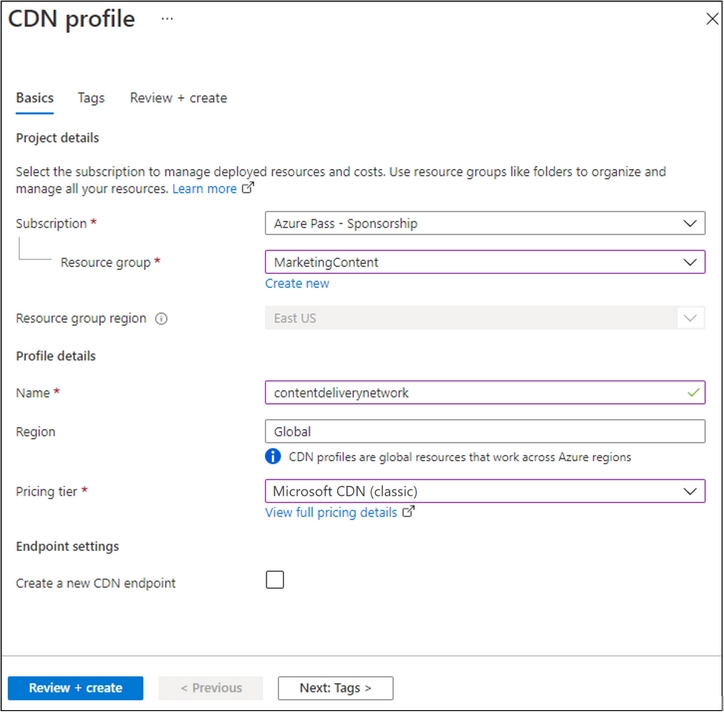 Captura de tela exibindo as configurações definidas na folha Criar perfil de CDN.