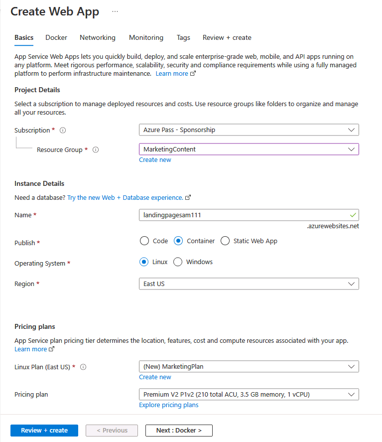 Captura de tela exibindo as configurações definidas na folha Criar aplicativo Web