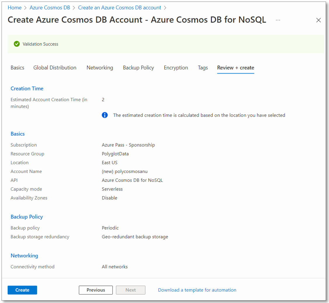 Screenshot displaying the options configured for creating an Azure Cosmos DB account
