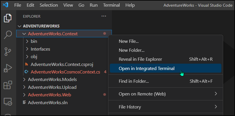 Screenshot displaying Open In Integrated Terminal
