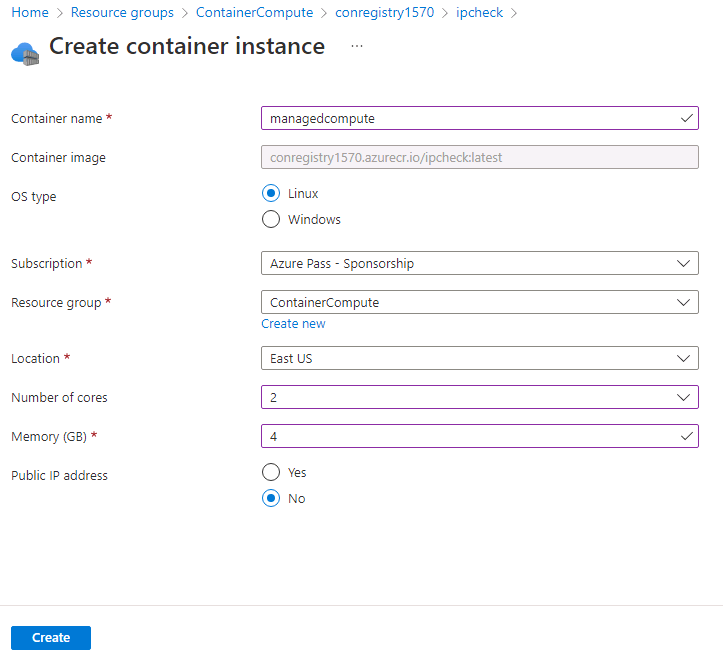 Create container instance blade