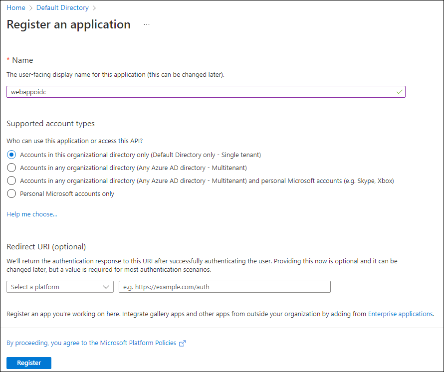 Screenshot displaying the options configured to register an application.