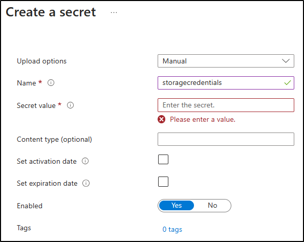 Screenshot displaying the configured settings on the Create a secret blade 